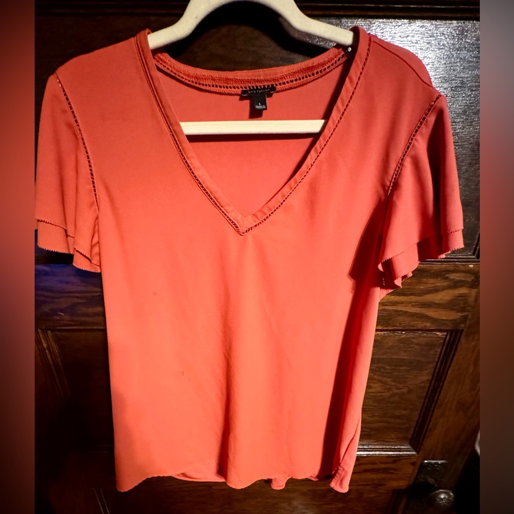 Ann Taylor, Flutter Sleeve Top, Coral Pink, V-Neck,Size L